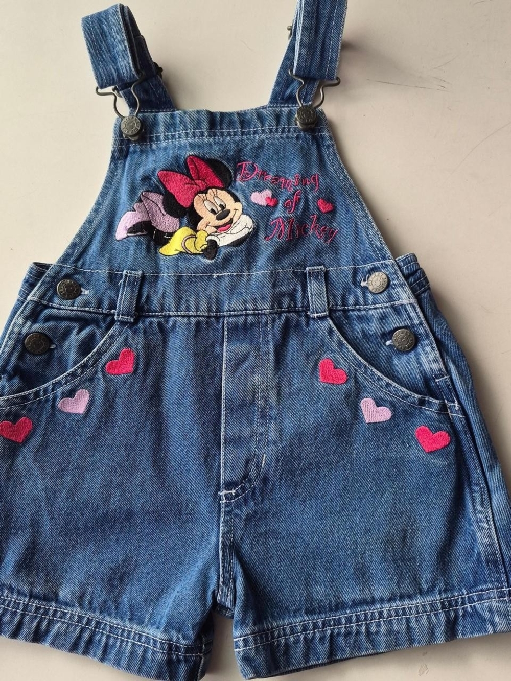 Minnie Mouse Embroidered Denim Short Overalls - Blue